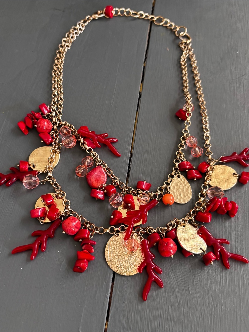 Gold-Tone Necklace with Red Coral-Style Charms